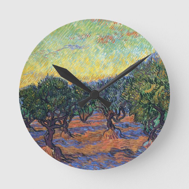 Van Gogh Olive Grove med Orange Himlar Rund Klocka (Framsida)
