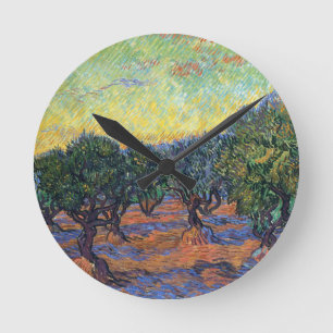 Van Gogh Olive Grove med Orange Himlar Rund Klocka