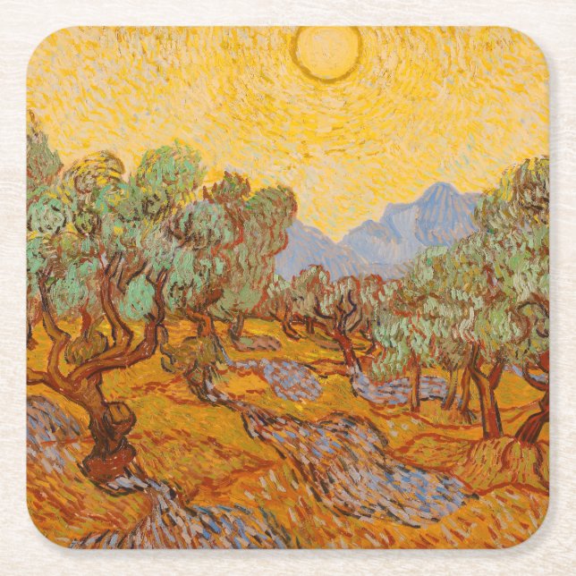 Van Gogh Olive Träd Gult Sol Himlar Underlägg Papper Kvadrat (Framsidan)