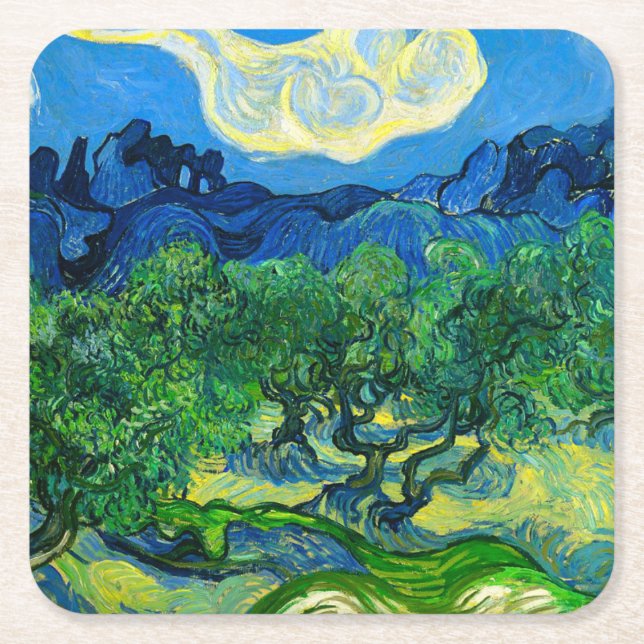 Van Gogh Olive Träd i ett bergslandskap Underlägg Papper Kvadrat (Framsidan)