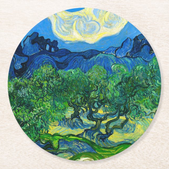 Van Gogh Olive Träd i ett bergslandskap Underlägg Papper Rund (Framsidan)