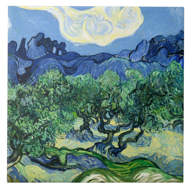 Van Gogh - Olive Träd med Alpelare i bakgrunden Kakelplatta (Framsidan)