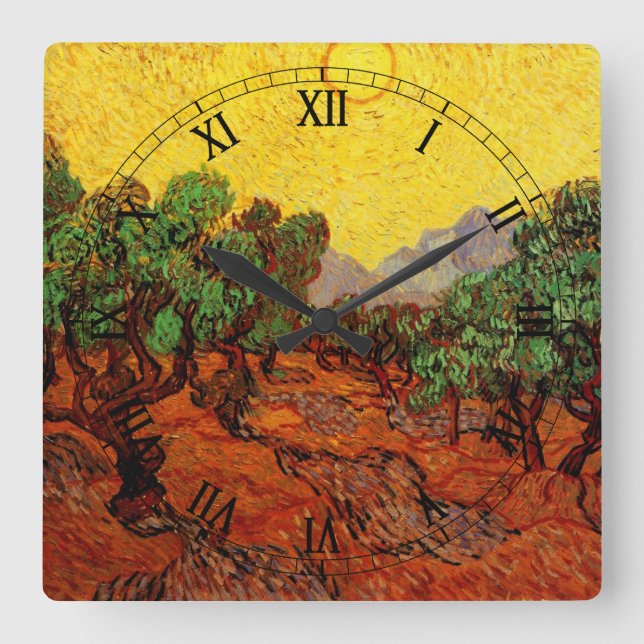 Van Gogh Olive Träd med Gult Himlar och Sol Fyrkantig Klocka (Framsida)