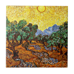 Van Gogh - Olive Träd med Gult Himlar och Sol Kakelplatta