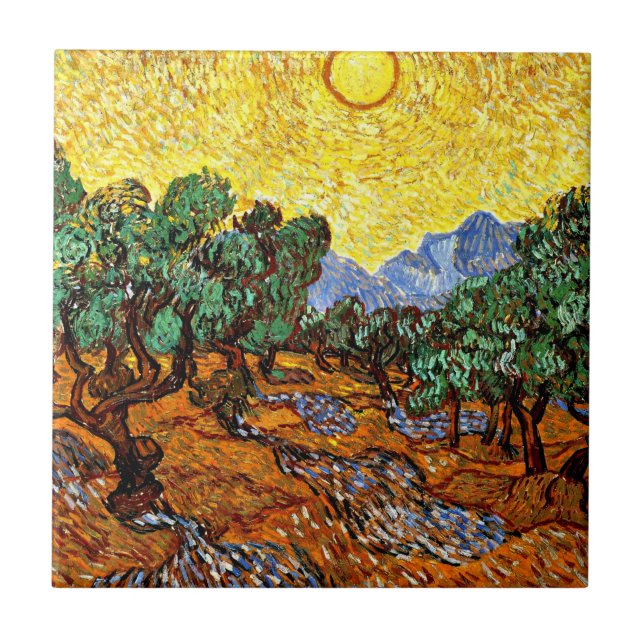 Van Gogh - Olive Träd med Gult Himlar och Sol Kakelplatta (Framsidan)