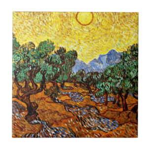 Van Gogh - Olive Träd med Gult Himlar och Sol Kakelplatta