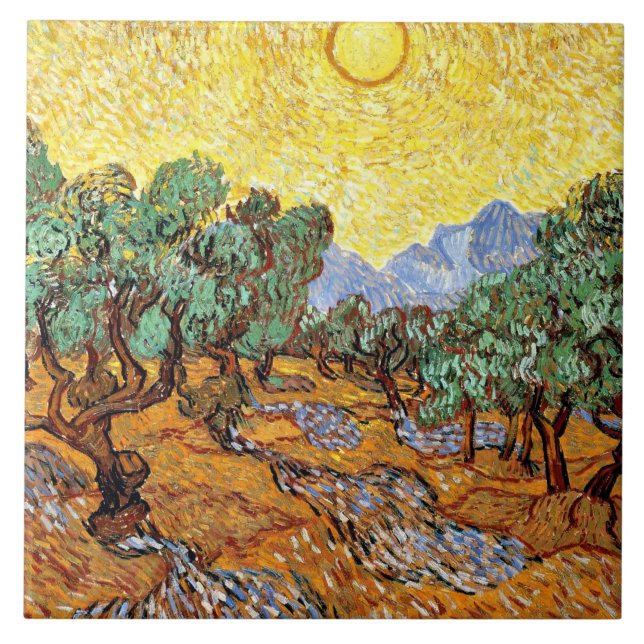 Van Gogh: Olive Träd med Gult Himlar och Sol Kakelplatta (Framsidan)
