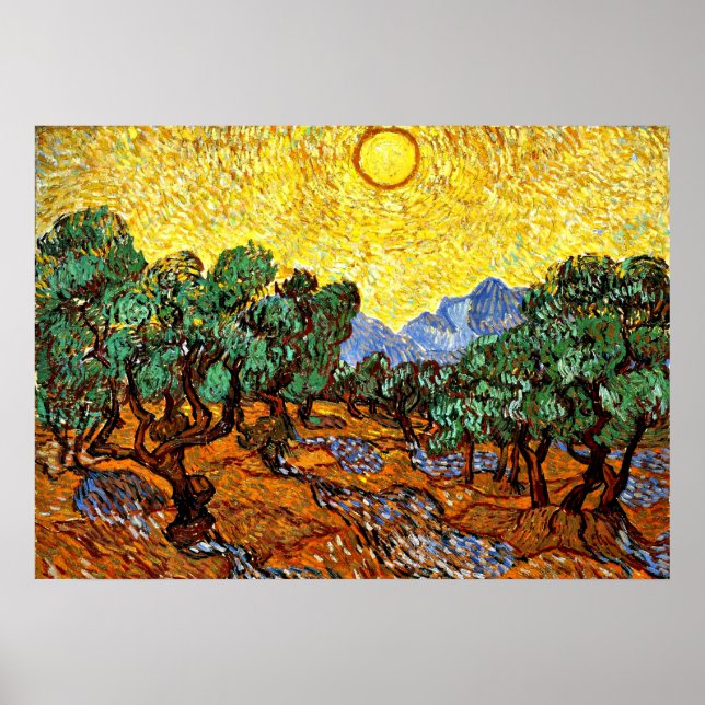 Van Gogh - Olive Träd med Gult Himlar och Sol Poster (Framsidan)
