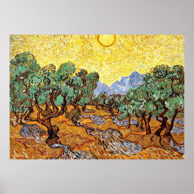 Van Gogh: Olive Träd med Gult Himlar och Sol Poster (Framsidan)