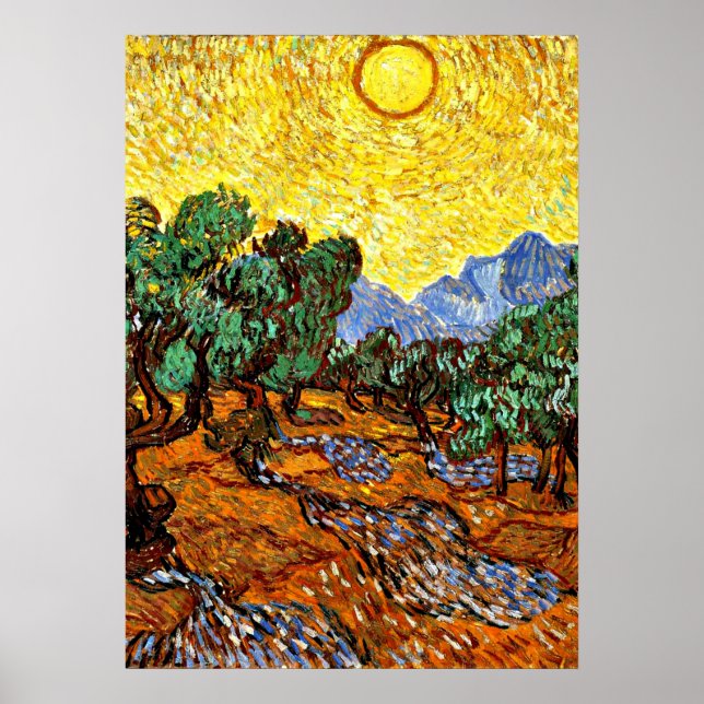 Van Gogh - Olive Träd med Gult Himlar och Sol Poster (Framsidan)