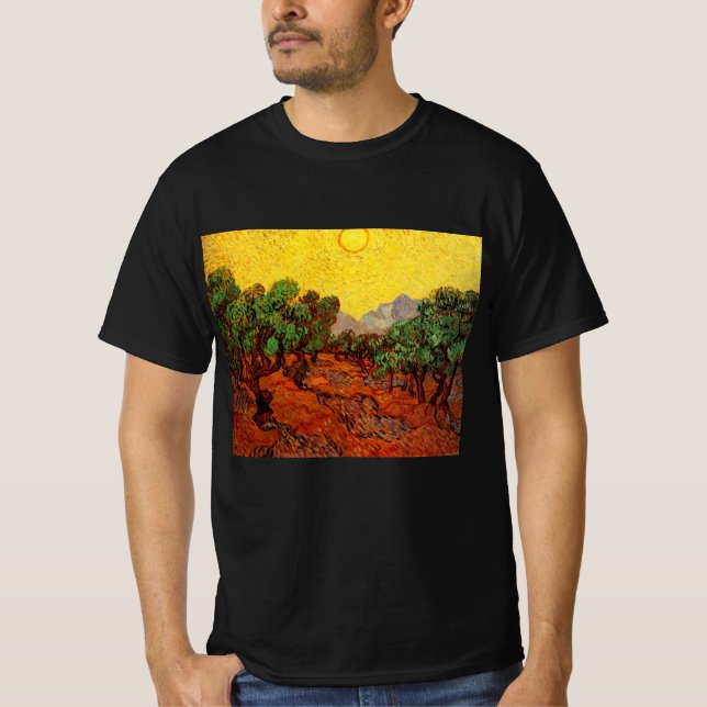 Van Gogh Olive Träd med Gult Himlar och Sol T Shirt (Framsida)