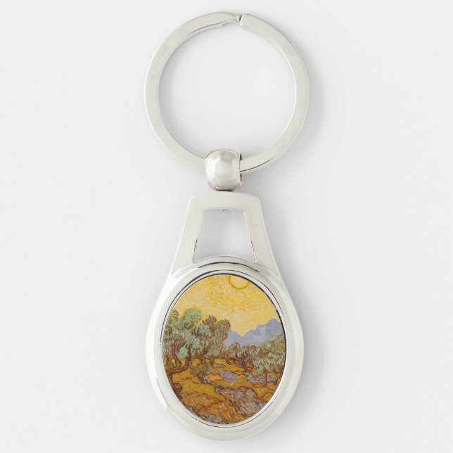 Van Gogh Olivträd Gul Sol Himmel Ovalt Silverfärgad Nyckelring (Framsidan)