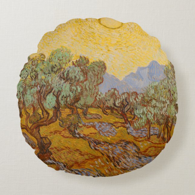 Van Gogh Olivträd Gul Sol Himmel Rund Kudde (Framsidan)