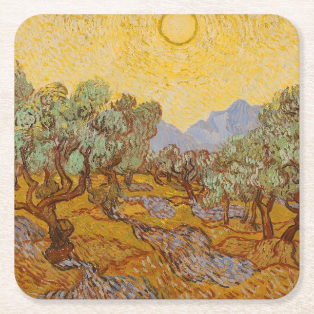 Van Gogh Olivträd Gul Sol Himmel Underlägg Papper Kvadrat (Framsidan)