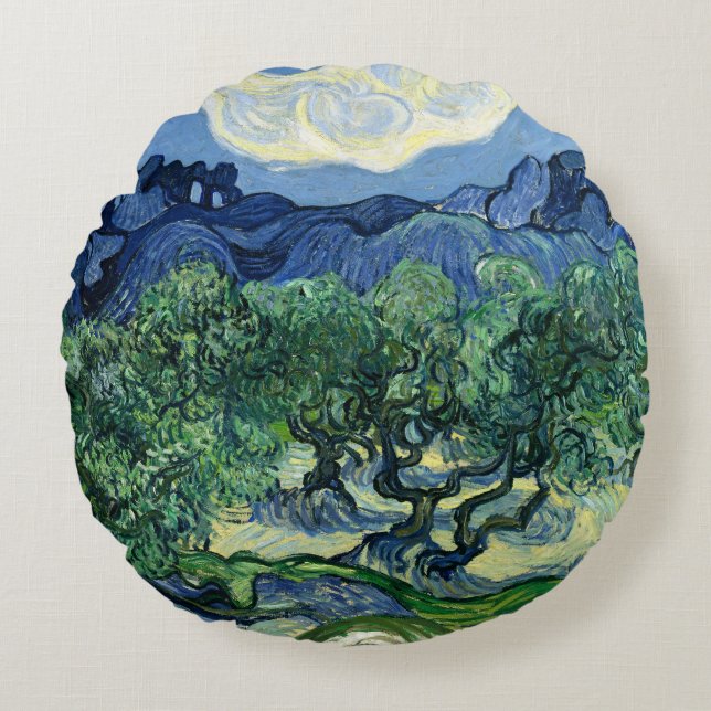 Van Gogh Olivträd Landskapsmålning Rund Kudde (Framsidan)