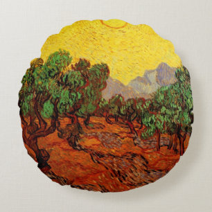 Van Gogh Olivträd med gul himmel och sol Rund Kudde