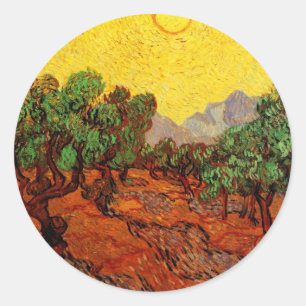 Van Gogh Olivträd med gul himmel och sol Runt Klistermärke