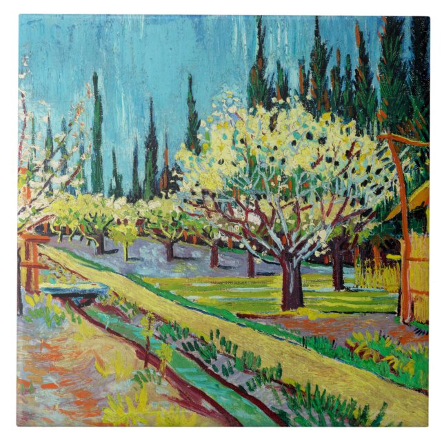 Van Gogh - Orchard Borderad av Cypresses Kakelplatta (Framsidan)