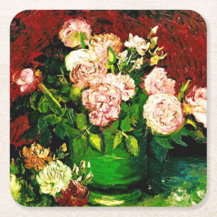 Van Gogh Peonies och Ro Underlägg Papper Kvadrat
