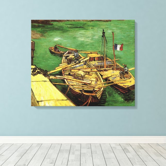 Van Gogh Quay med män som lastar ur sandpråmar Canvastryck (Insitu (trägolv))
