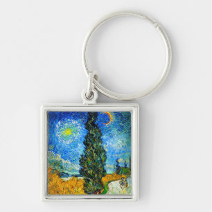 Van Gogh Road med Cypress och Star Fyrkantig Silverfärgad Nyckelring