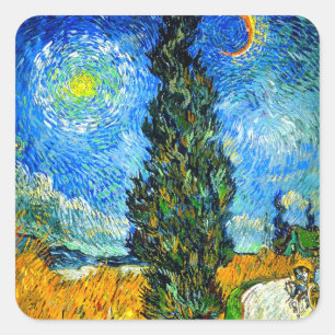 Van Gogh Road med Cypress och Star Fyrkantigt Klistermärke