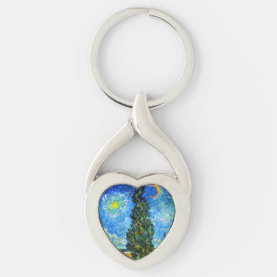 Van Gogh Road med Cypress och Star Twisted Heart Silverfärgad Nyckelring
