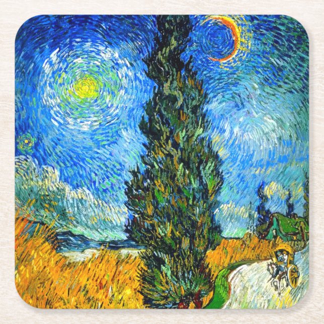 Van Gogh Road med Cypress och Star Underlägg Papper Kvadrat (Framsidan)