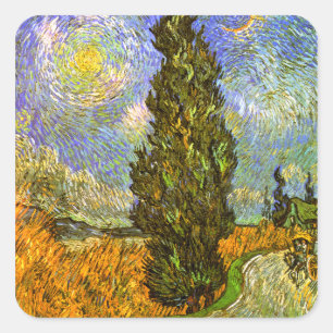 Van Gogh: Road with Cypress and Star Fyrkantigt Klistermärke
