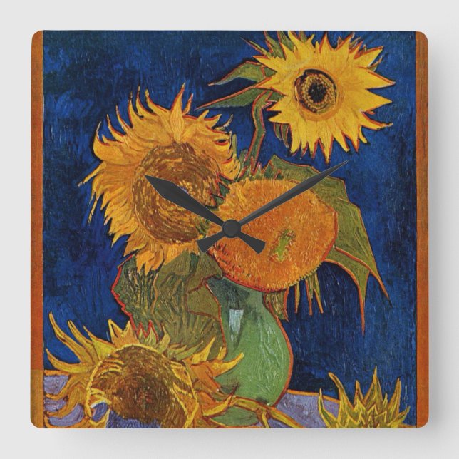 Van Gogh Six Sunwers Blommigt Fine Art HD Fyrkantig Klocka (Framsida)