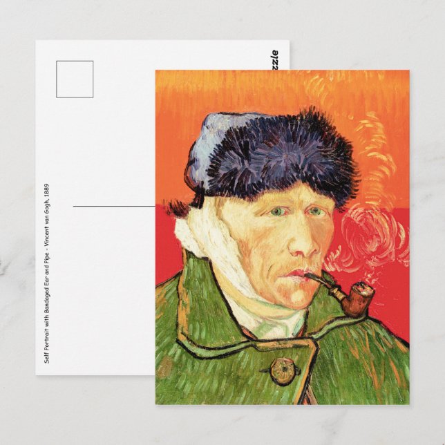 Van Gogh - Självporträtt med förbunden öra & pipa Vykort (Fram/baksida)