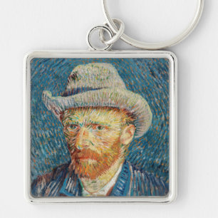 Van Gogh - Självporträtt med Grått Felt Hat Fyrkantig Silverfärgad Nyckelring