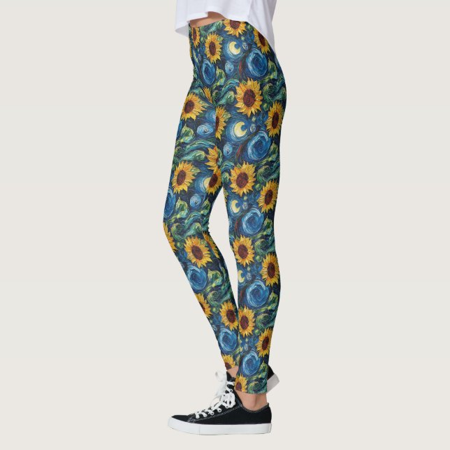 Van Gogh-solblommor och stjärnbästnatt Leggings (Vänster)