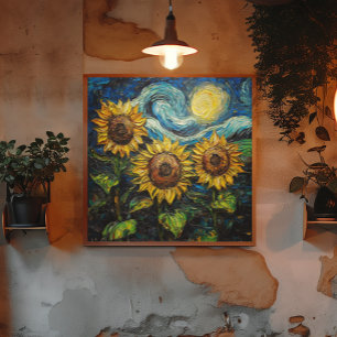Van Gogh-solblommor och stjärnbästnatt Poster