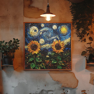 Van Gogh-solblommor och stjärnbästnatt Poster