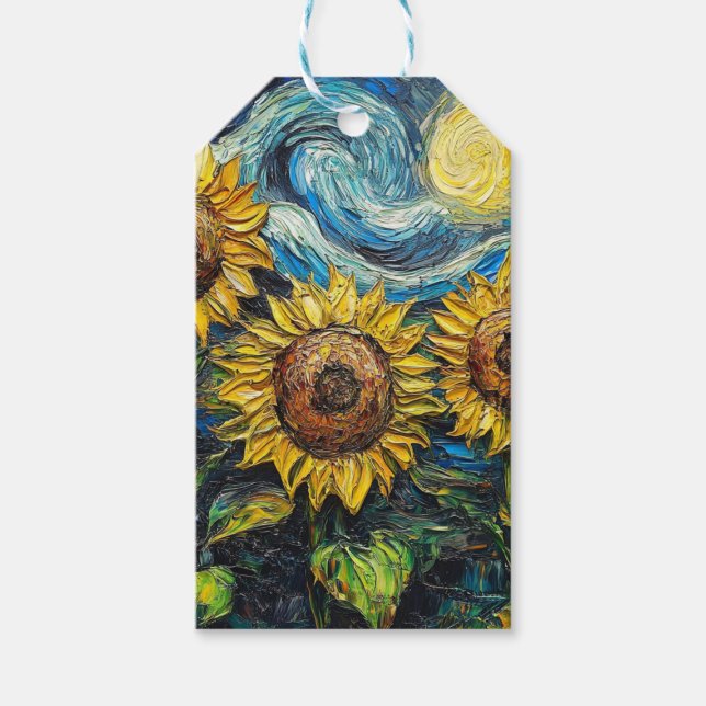 Van Gogh-solblommor och stjärnbästnatt Presentetikett (Framsidan)