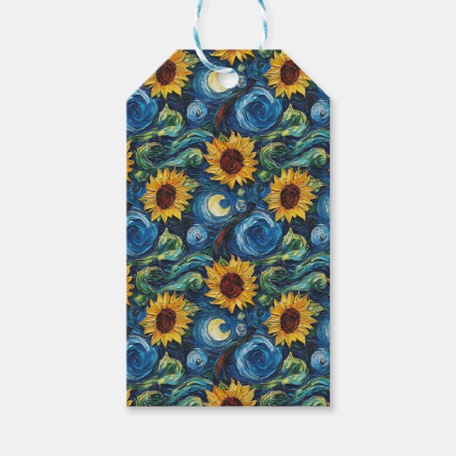 Van Gogh-solblommor och stjärnbästnatt Presentetikett (Framsidan)