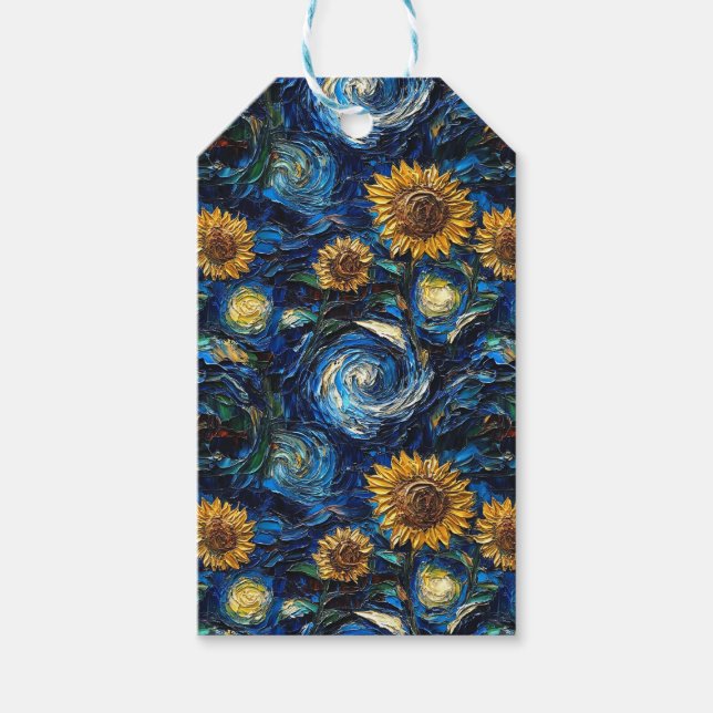 Van Gogh-solblommor och stjärnbästnatt Presentetikett (Framsidan)