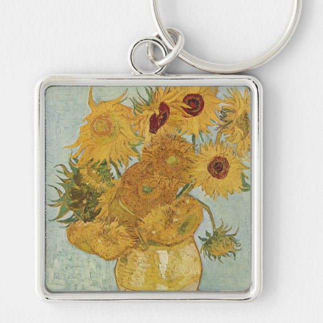 Van Gogh Solros Fyrkantig Silverfärgad Nyckelring (Framsidan)