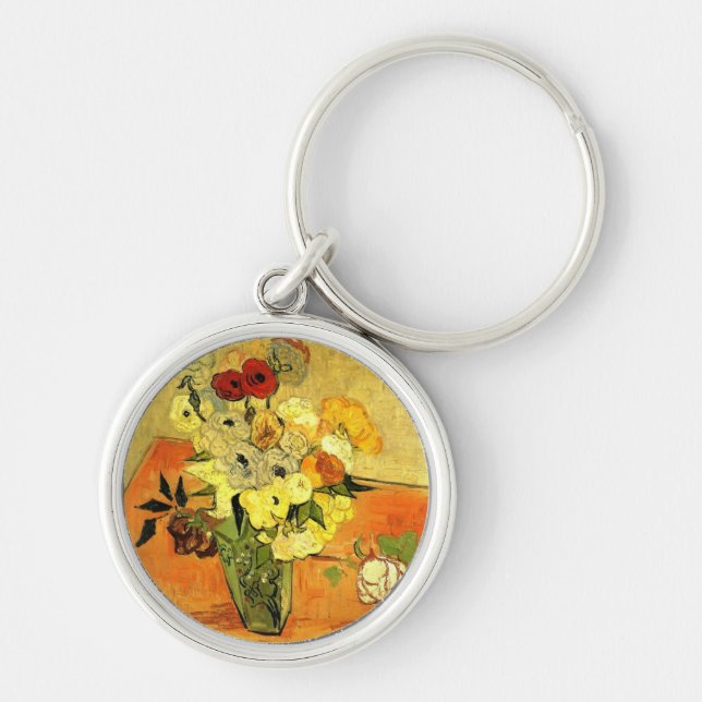 Van Gogh som målar nyckfulla blommarblommaVines Rund Silverfärgad Nyckelring (Framsidan)