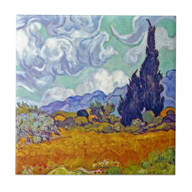 Van Gogh - Spannmål med cypresser Kakelplatta (Framsidan)