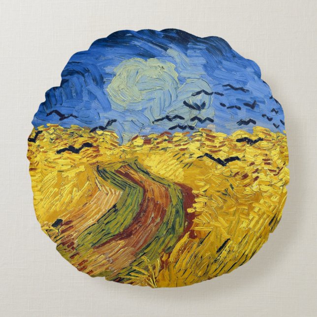 Van Gogh Spannmålsfält impressionistisk målning Rund Kudde (Framsidan)