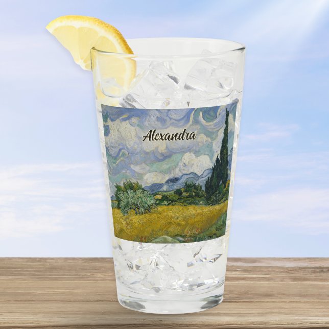 Van Gogh Spannmålsfält med cypresser Anpassat namn Glaskopp (A personalized glass featuring Van Gogh's art "Wheat Field with Cypresses" and inspiring quote)