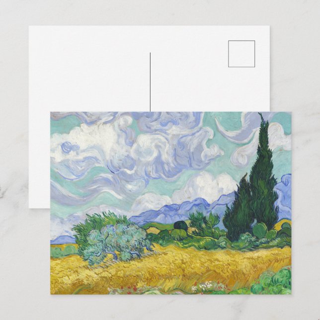 Van Gogh Spannmålsfält med cypresser Konst Vykort (Fram/baksida)