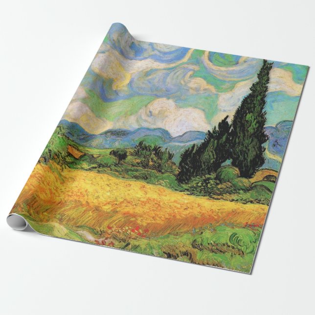 Van Gogh Spannmålsfält med cypresser vid Haute Gal Presentpapper (Utrullad)
