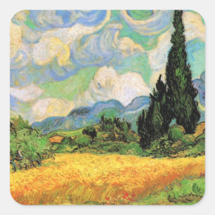 Van Gogh Spannmålsfält med Cypressträd på Haute Ga Fyrkantigt Klistermärke