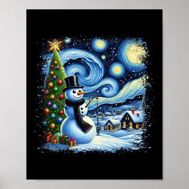 Van Gogh Starry Nattjul Snögubbe Snowy Nigh Poster (Framsidan)