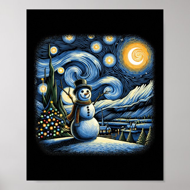 Van Gogh Starry Nattjul Snögubbe Winter Sno Poster (Framsidan)