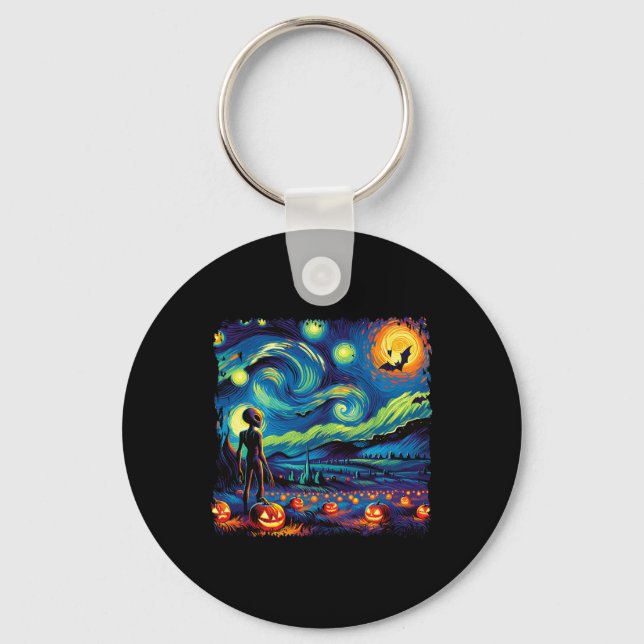 Van Gogh Starry Night Alien Man Halloween Fall Pum Nyckelring (Framsida)