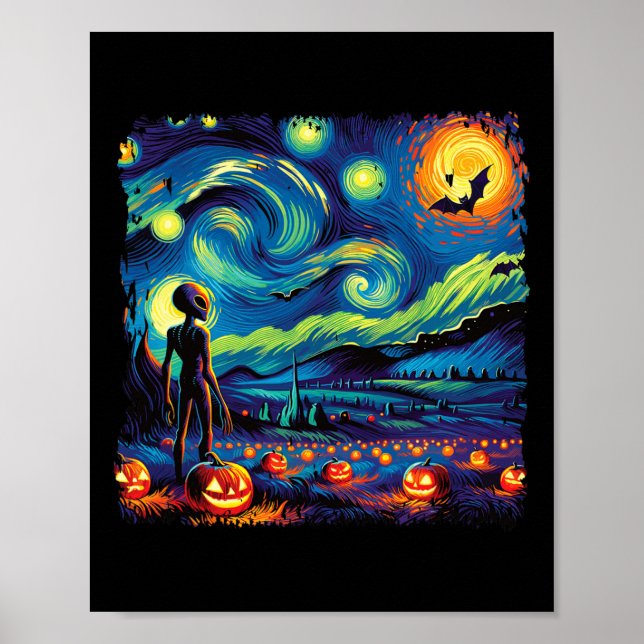 Van Gogh Starry Night Alien Man Halloween Fall Pum Poster (Framsidan)
